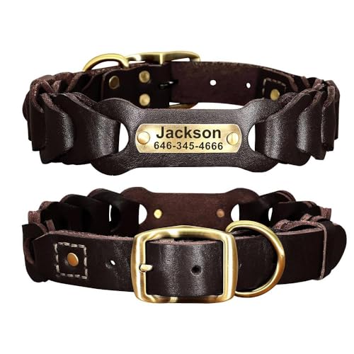 Hundehalsband aus echtem Leder, Größe M, L, personalisierbar, Namensschild, Halsband für Deutscher Schäferhund, Französische Bulldogge, Labrador, Kaffee, XL Hundehalsband aus echtem Leder, Größe M, L, personalisierbar, Namensschild, Halsband für Deutscher Schäferhund, Französische Bulldogge, Labrador, Kaffee, XL von HAQEPO