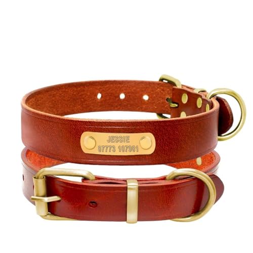 Hundehalsband aus echtem Leder, mit Name und Telefonnummer, personalisierbar, verstellbar, Anti-Verlust-Echtleder, Braun, Größe M von YHTAKF