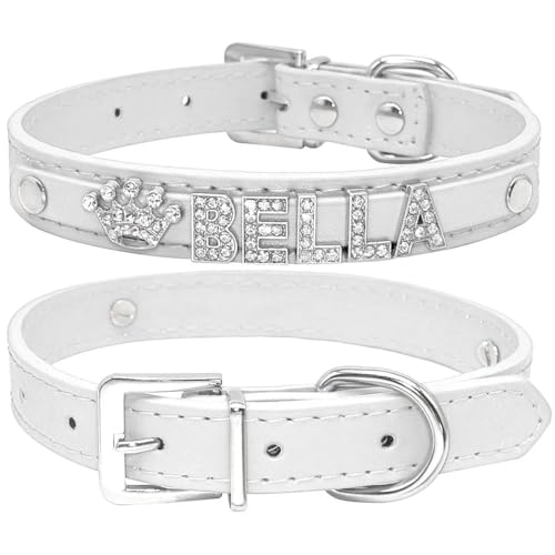 Hundehalsband für kleine und mittelgroße Hunde, glänzende Strasssteine, Katzen- und Hundehalsband, personalisierbar, für Mops, Chihuahua, Labrador, Weiß, Größe L Hundehalsband für kleine und mittelgroße Hunde, glänzende Strasssteine, Katzen- und Hundehalsband, personalisierbar, für Mops, Chihuahua, Labrador, Weiß, Größe L von HAQEPO