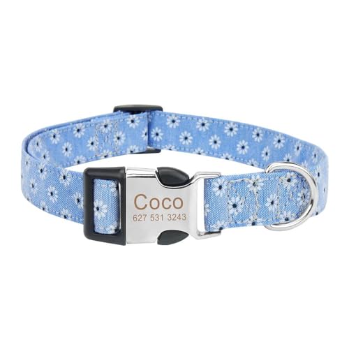 Hundehalsband mit Gravur, Nylon-Druck, Blumenmuster, personalisierbar, Namensschild, Halsband für Mops, Chihuahua, Labrador, Französische Bulldogge, B, L Hundehalsband mit Gravur, Nylon-Druck, Blumenmuster, personalisierbar, Namensschild, Halsband für Mops, Chihuahua, Labrador, Französische Bulldogge, B, L von HAQEPO