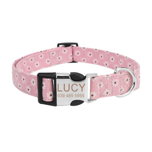 Hundehalsband mit Gravur, Nylon-Druck, Blumenmuster, personalisierbar, Namensschild, Halsband für Mops, Chihuahua, Labrador, Französische Bulldogge, D, S Hundehalsband mit Gravur, Nylon-Druck, Blumenmuster, personalisierbar, Namensschild, Halsband für Mops, Chihuahua, Labrador, Französische Bulldogge, D, S von HAQEPO