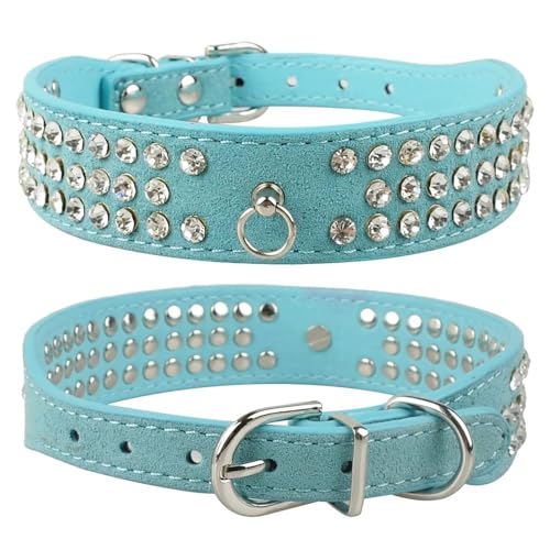 Hundehalsband mit Nieten, Wildleder, Strass, kleine und mittelgroße Katzen, verstellbares Leder-Halsband für kleine und mittelgroße Hunde, Chihuahua, Yorkshire Terrier, Blau, Größe L von YHTAKF