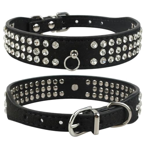 Hundehalsband mit Nieten, Wildleder, Strass, kleine und mittelgroße Katzen, verstellbares Leder-Halsband für kleine und mittelgroße Hunde, Chihuahua, Yorkshire Terrier, Schwarz, Größe M von YHTAKF