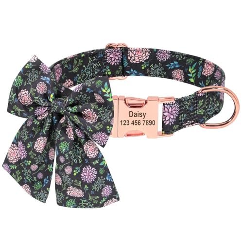 Hundehalsband und Katze, personalisierbar, Blumendruck, Schleife, Haustierhalsband mit Anti-Verlust-Erkennungsmarke, Namensschild, Haustierhalsband für Labrador, Französische Bulldogge, D, L Hundehalsband und Katze, personalisierbar, Blumendruck, Schleife, Haustierhalsband mit Anti-Verlust-Erkennungsmarke, Namensschild, Haustierhalsband für Labrador, Französische Bulldogge, D, L von HAQEPO