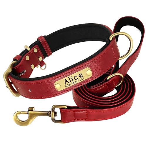Hundehalsband und Leine, aus PU-Leder, individuell graviert, verstellbar, Anti-Verlust-Halsband und Leine, Set aus weichem und bequemem, einfarbigem Leder, Rot, Größe L Hundehalsband und Leine, aus PU-Leder, individuell graviert, verstellbar, Anti-Verlust-Halsband und Leine, Set aus weichem und bequemem, einfarbigem Leder, Rot, Größe L von HAQEPO