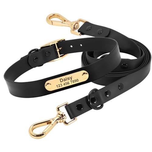 Hundehalsband und Leine, für den Außenbereich, PVC, wasserdicht, mit individueller Gravur, verstellbar, Anti-Verlust-Halsband für Labrador, Französische Bulldogge, schwarzes Set, Größe L Hundehalsband und Leine, für den Außenbereich, PVC, wasserdicht, mit individueller Gravur, verstellbar, Anti-Verlust-Halsband für Labrador, Französische Bulldogge, schwarzes Set, Größe L von HAQEPO