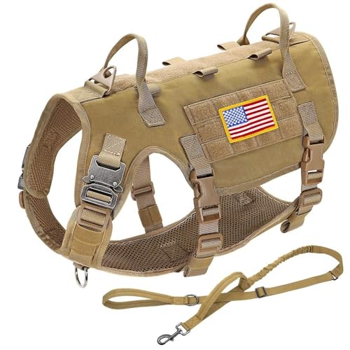 Military Tactical Dog Harness and Leash Set Outdoor Large Dog Camping Training Hunting Harness Vest Working Dog Adjustable Harness Vest with Handle,Khaki,M von YHTAKF