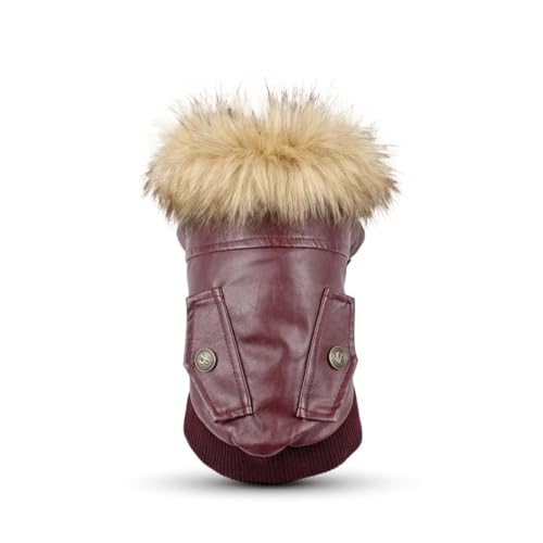 Outdoor-Hundemantel, Winddicht, Wasserdicht, PU-Leder, Für Herbst Und Winter, Warme Haustiermanteljacke Mit Fellkragen, Geeignet Für Kleine Bis Mittelgroße Hunde,Rot,L von YHTAKF