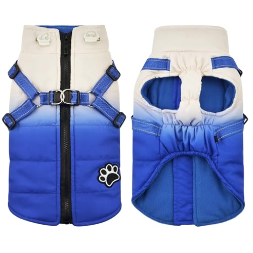 Outdoor wasserdichte Französische Bulldog -Labrador -Mantel Mit Reißverschluss Winter Dicke Warme Baumwolltierjacke Mit Geschirr Mit Gurt,Blau,M von HAQEPO