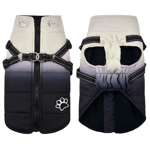 Outdoor wasserdichte Französische Bulldog -Labrador -Mantel Mit Reißverschluss Winter Dicke Warme Baumwolltierjacke Mit Geschirr Mit Gurt,GRAU,L von HAQEPO