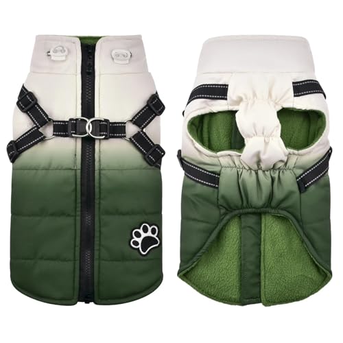 Outdoor wasserdichte Französische Bulldog -Labrador -Mantel Mit Reißverschluss Winter Dicke Warme Baumwolltierjacke Mit Geschirr Mit Gurt,Grün,L von HAQEPO