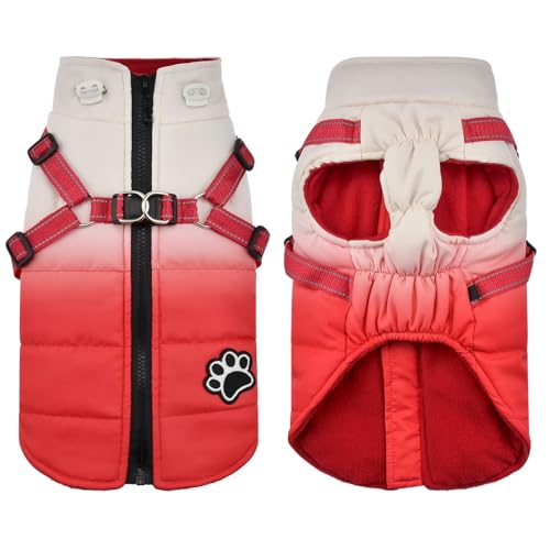 Outdoor wasserdichte Französische Bulldog -Labrador -Mantel Mit Reißverschluss Winter Dicke Warme Baumwolltierjacke Mit Geschirr Mit Gurt,Rot,Xs von HAQEPO