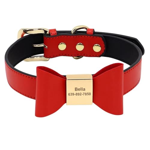 Personalisierte Niedliche Bogenverstellbare Lederhund Name Telefonnummer Halsband Für Französische Bulldogge Shiba Inu Labrador Greyhound,Rot,XL von HAQEPO