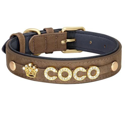 Personalisiertes, glänzendes Strasshalsband für Haustiere, zum Selbermachen, personalisierbar, Leder, Erkennungsmarke, Hundehalsband, Anti-Verlust, verstellbar, mit Knochenklaue, Herzanhänger, Braun, Personalisiertes, glänzendes Strasshalsband für Haustiere, zum Selbermachen, personalisierbar, Leder, Erkennungsmarke, Hundehalsband, Anti-Verlust, verstellbar, mit Knochenklaue, Herzanhänger, Braun, von YHTAKF