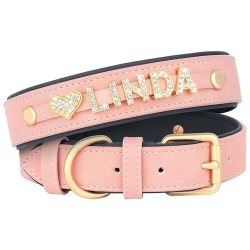 Personalisiertes, glänzendes Strasshalsband für Haustiere, zum Selbermachen, personalisierbar, aus Leder, Anti-Verlust, verstellbares Hundehalsband mit Knochenklauen-Herzanhänger, A, L von YHTAKF