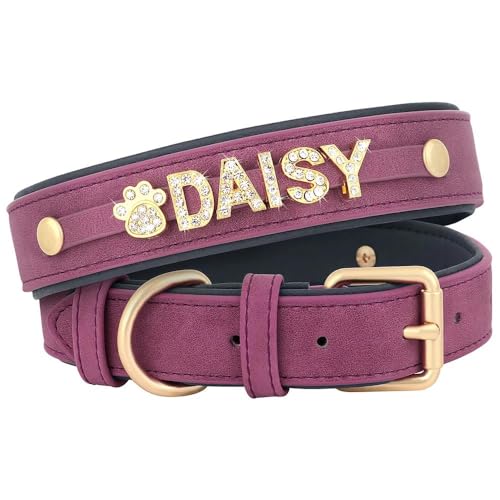 Personalisiertes, glänzendes Strasshalsband für Haustiere, zum Selbermachen, personalisierbar, aus Leder, Anti-Verlust, verstellbares Hundehalsband mit Knochenklauen-Herzanhänger, Lila, Größe L Personalisiertes, glänzendes Strasshalsband für Haustiere, zum Selbermachen, personalisierbar, aus Leder, Anti-Verlust, verstellbares Hundehalsband mit Knochenklauen-Herzanhänger, Lila, Größe L von HAQEPO
