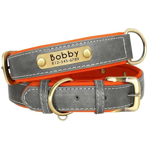 Personalisiertes Haustier-ID-Halsband, personalisierbar, PU-Leder, gepolstert, für kleine und mittelgroße Hunde, Mops, Chihuahua, Labrador, Grau, Größe L Personalisiertes Haustier-ID-Halsband, personalisierbar, PU-Leder, gepolstert, für kleine und mittelgroße Hunde, Mops, Chihuahua, Labrador, Grau, Größe L von YHTAKF