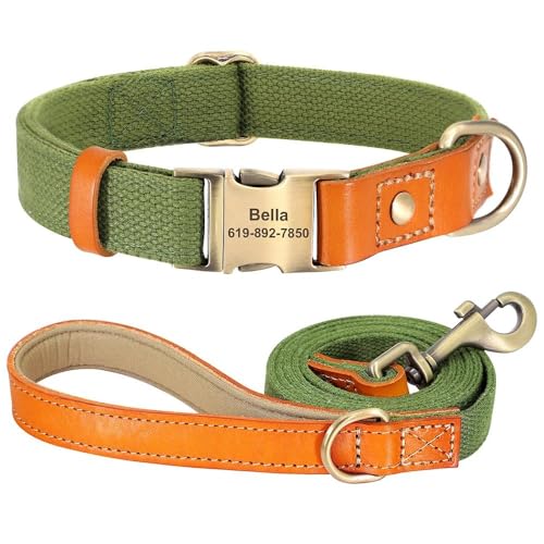 Personalisiertes Hundehalsband-Leinen-Set, verstellbar, Anti-Verlust-Nylon, Leder, individuelle Haustier-ID-Marke, Halsband und 1,5 m lange Laufleine für Deutscher Schäferhund, Labrador, Grün, L Personalisiertes Hundehalsband-Leinen-Set, verstellbar, Anti-Verlust-Nylon, Leder, individuelle Haustier-ID-Marke, Halsband und 1,5 m lange Laufleine für Deutscher Schäferhund, Labrador, Grün, L von HAQEPO