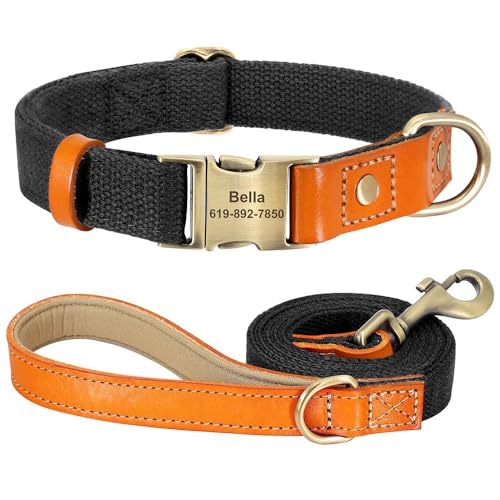 Personalisiertes Hundehalsband-Leinen-Set, verstellbar, Anti-Verlust-Nylon, Leder, individuelle Haustier-ID-Marke, Halsband und 1,5 m lange Laufleine für Deutscher Schäferhund, Labrador, Schwarz, M Personalisiertes Hundehalsband-Leinen-Set, verstellbar, Anti-Verlust-Nylon, Leder, individuelle Haustier-ID-Marke, Halsband und 1,5 m lange Laufleine für Deutscher Schäferhund, Labrador, Schwarz, M von HAQEPO
