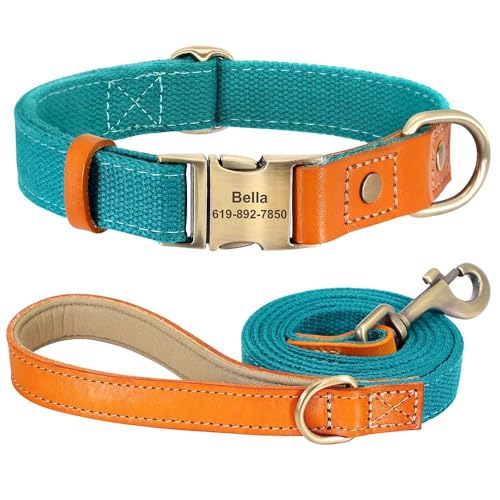 Personalisiertes Hundehalsband-Set, verstellbar, Anti-Verlust, Nylon, Leder, individuelle Haustier-ID-Tag-Halsband und 1,5 m lange Laufleine für Deutscher Schäferhund, Labrador, Blau, Größe M Personalisiertes Hundehalsband-Set, verstellbar, Anti-Verlust, Nylon, Leder, individuelle Haustier-ID-Tag-Halsband und 1,5 m lange Laufleine für Deutscher Schäferhund, Labrador, Blau, Größe M von HAQEPO