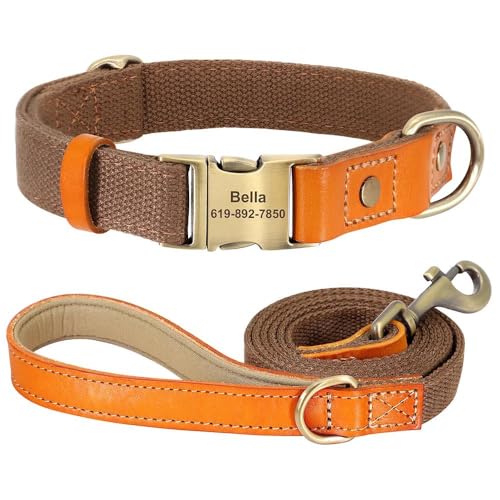 Personalisiertes Hundehalsband-Set, verstellbar, Anti-Verlust, Nylon, Leder, individuelle Haustier-ID-Tag-Halsband und 1,5 m lange Laufleine für Deutscher Schäferhund, Labrador, Braun, Größe M Personalisiertes Hundehalsband-Set, verstellbar, Anti-Verlust, Nylon, Leder, individuelle Haustier-ID-Tag-Halsband und 1,5 m lange Laufleine für Deutscher Schäferhund, Labrador, Braun, Größe M von HAQEPO