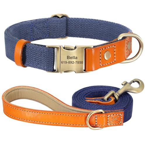 Personalisiertes Hundehalsband-Set, verstellbar, Anti-Verlust, Nylon, Leder, individuelle Haustier-ID-Tag-Halsband und 1,5 m lange Laufleine für Deutscher Schäferhund, Labrador, Dunkelblau, Größe S Personalisiertes Hundehalsband-Set, verstellbar, Anti-Verlust, Nylon, Leder, individuelle Haustier-ID-Tag-Halsband und 1,5 m lange Laufleine für Deutscher Schäferhund, Labrador, Dunkelblau, Größe S von HAQEPO
