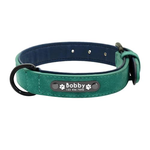 Personalisiertes Hundehalsband aus PU-Leder, individuell graviert, Namensschild, Anti-Verlust, verstellbares Haustierhalsband für Bulldogge, Beagle, Labrador, Deutscher Schäferhund, Grün, L von YHTAKF