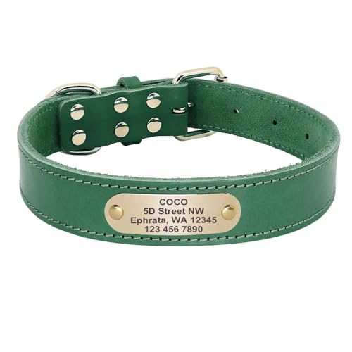 Personalisiertes Hundehalsband mit Namensschild, personalisierbar, aus echtem Leder, Labrador, Deutscher Schäferhund, Französische Bulldogge, großer Hund, verstellbar, Anti-Verlust-Halsband, Grün, S von YHTAKF