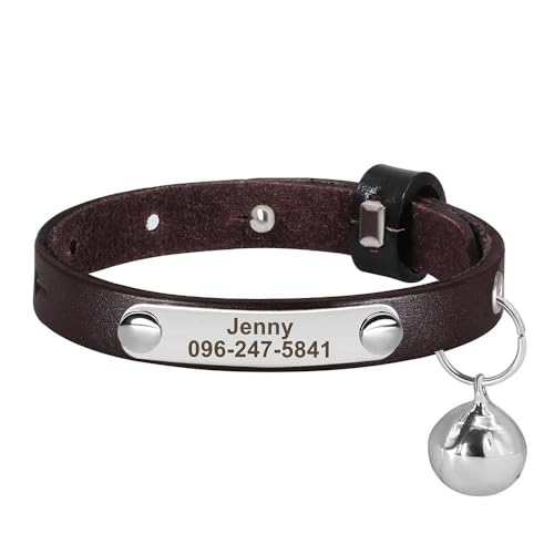 Personalisiertes Katzenhalsband, verstellbar, Anti-Verlust-Leder, Haustierhalsband, personalisierbar, für kleine und mittelgroße Hunde und Katzen, mit Telefonnummer, Braun, Größe S von YHTAKF