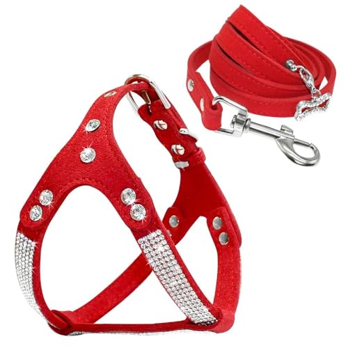 Set Mit Hundegeschirr Und Leine Aus Weichem Wildleder, Besetzt Mit Strasssteinen. Set Aus Hundegeschirr Und Leine Mit Kristallknochen-Anhänger. Hundegeschirr Für Kleine Bis Mittelgroße Hunde,Rot, von YHTAKF