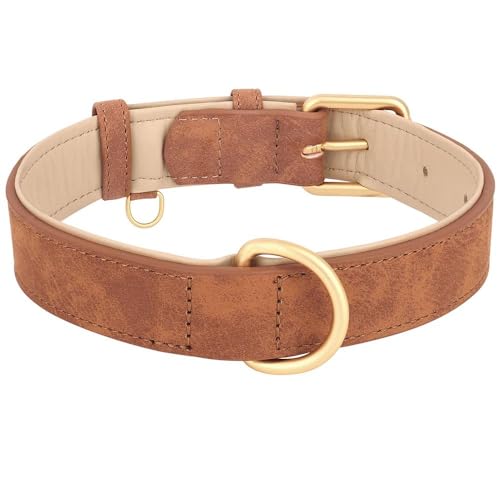 Verstellbares, einfarbiges Hundehalsband, Wildleder, weiches Leder, gepolstert, für Französische Bulldogge, Chihuahua, Mops, Labrador, Braun, Größe XL Verstellbares, einfarbiges Hundehalsband, Wildleder, weiches Leder, gepolstert, für Französische Bulldogge, Chihuahua, Mops, Labrador, Braun, Größe XL von HAQEPO