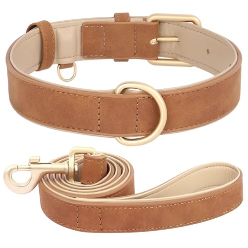 Weiche Und Komfortable Gepolsterte PU -Leder -Hundetrainingsketten -Leine Set Für Pudel Mops Greyhound Shiba Inu,Braun,L von HAQEPO