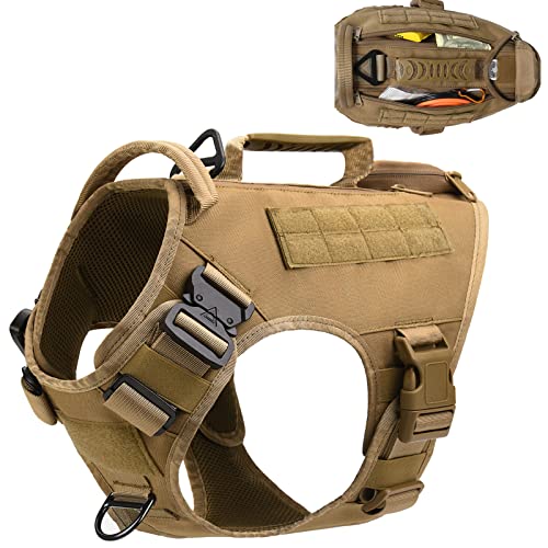 Taktisches Hundegeschirr mit 3 Reißverschlusstaschen für große, mittelgroße Hunde, kein Ziehen, Militär-Hundeweste, 2 Metallschnallen und 2 Griffen, Farbe: Hellbraun, Größe M von HARD LAND