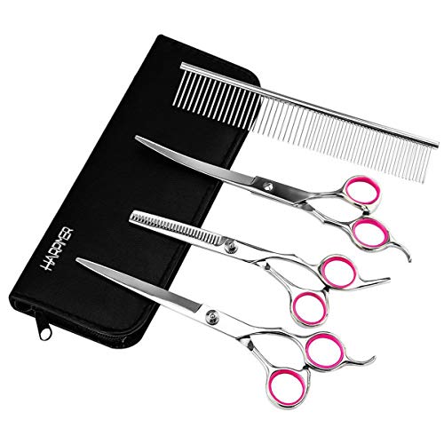 Hund Haarschere, Novatech 4er Professionelle Edelstahl Hund Haarschere Komplett Pflege Set Schneideschere, Effilierschere und gebogene Schere Haustier Kamm für Hunde Katzen von HARPIMER