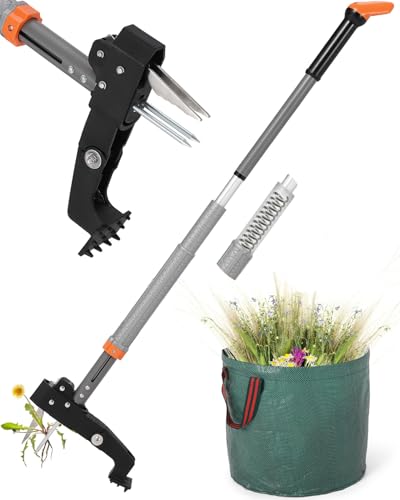 HAUSPROFI Unkrautstecher mit Stiel Teleskop (Länge 91 CM-117 cm) + 50L Gartensack, Unkrautausstecher mit 4 Edelstahl Krallen, Automatisches Zurückspungsdesign von HAUSPROFI