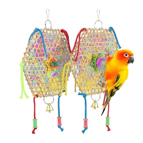 HAdLAm Vogelspielzeug, Zum Ziehen Von Strohseilen, Hängendes Vogelkäfigzubehör Aus Gewebtem Papierdraht Aus Bambus, Nymphensittich Spielzeug (Size : Pack of 2) von HAdLAm