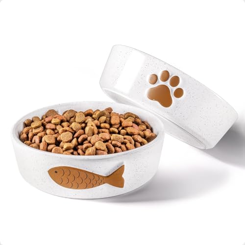 Keramik-Katzennäpfe mit Schnurrhaar-freundlich, Keramik-Katzennapf, Set mit 2 niedlichen Designs mit rutschfesten Böden, spülmaschinen- und mikrowellengeeignet, Futter- und Wassernäpfe für Katzen von HB Design Co.