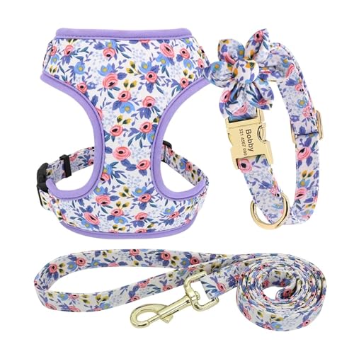 3 Teile/Satz Personalisierte Hund Kragen Leine Leckerli Tasche Floral Pet Gravur Kragen Poop Tasche Halter(145 Blue,M) von HBJzxlOK