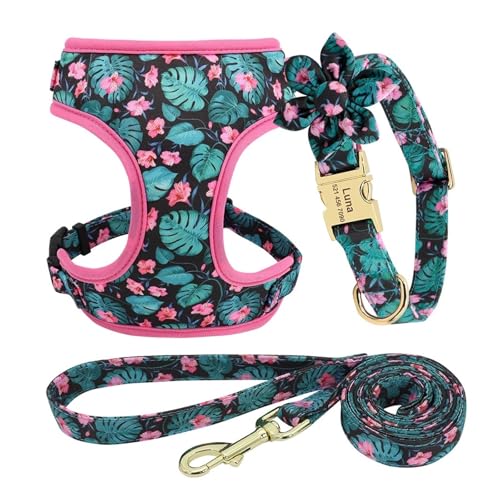 3 Teile/Satz Personalisierte Hund Kragen Leine Leckerli Tasche Floral Pet Gravur Kragen Poop Tasche Halter(145 Green,S) von HBJzxlOK