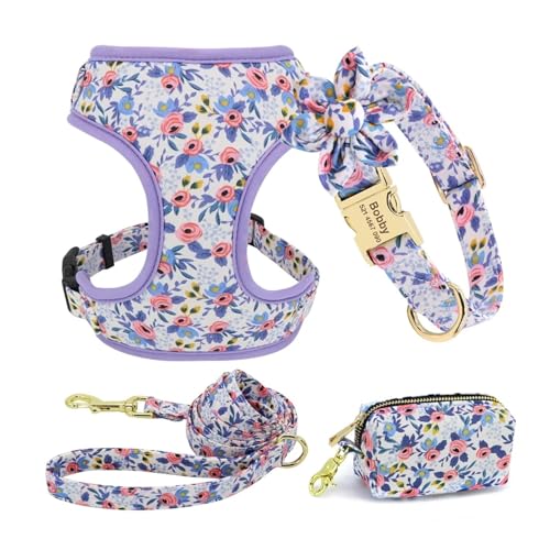 3 Teile/Satz Personalisierte Hund Kragen Leine Leckerli Tasche Floral Pet Gravur Kragen Poop Tasche Halter(145B Blue,S) von HBJzxlOK