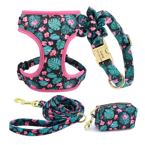 3 Teile/Satz Personalisierte Hund Kragen Leine Leckerli Tasche Floral Pet Gravur Kragen Poop Tasche Halter(145B Green,M) von HBJzxlOK
