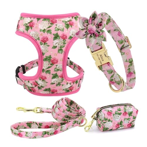 3 Teile/Satz Personalisierte Hund Kragen Leine Leckerli Tasche Floral Pet Gravur Kragen Poop Tasche Halter(145B Pink,M) von HBJzxlOK