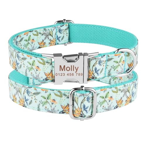 Bedrucktes, individuell graviertes Hundehalsband, Namensschild mit Blumenaufdruck, graviertes Nylonhalsband(Blue,M 31-50cm) von HBJzxlOK