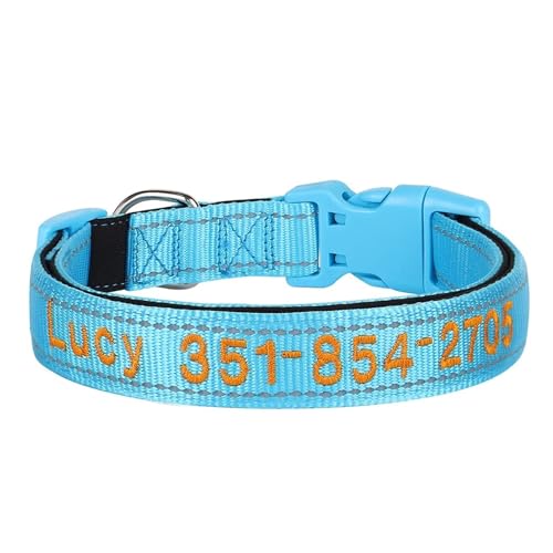 Besticktes Hundehalsband aus Nylon, personalisiertes Welpen- und Katzenhalsband, reflektierendes Haustier-ID-Halsband, DIY-Telefon-Namens-ID(Blue,M) von HBJzxlOK