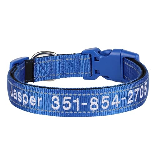 Besticktes Hundehalsband aus Nylon, personalisiertes Welpen- und Katzenhalsband, reflektierendes Haustier-ID-Halsband, DIY-Telefon-Namens-ID(Dblue,M) von HBJzxlOK