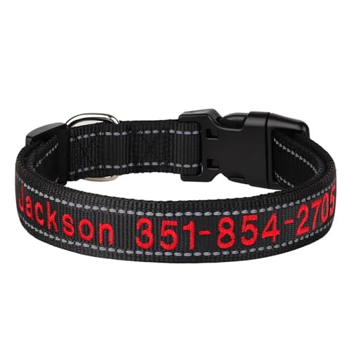 Besticktes Hundehalsband aus Nylon, personalisiertes Welpen- und Katzenhalsband, reflektierendes Haustier-ID-Halsband, DIY-Telefon-Namens-ID(Noir,XL) von HBJzxlOK