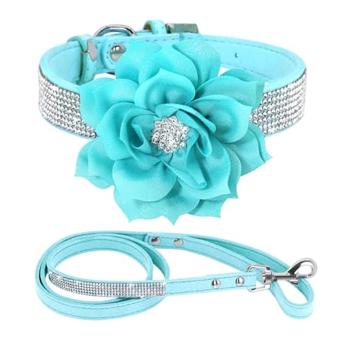 Glitter Strass Hund Leder Kragen Blume Halskette Pet 120cm Walking Leine(Blue Set,L) von HBJzxlOK