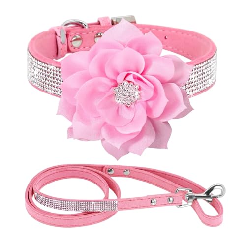 Glitter Strass Hund Leder Kragen Blume Halskette Pet 120cm Walking Leine(Pink Set,L) von HBJzxlOK