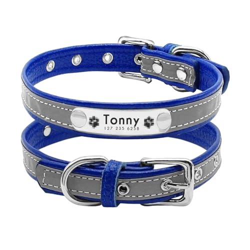 Graviertes reflektierendes Hundehalsband Anti-Lost Leder Edelstahl Namensschild ID Name(Blue,M28936cm) von HBJzxlOK