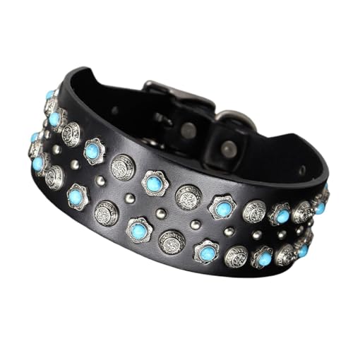 Halsbänder aus echtem Leder Halsbänder mit Spikes Hundehalsbänder aus Edelsteinleder(Blue,XL 50-57cm) von HBJzxlOK